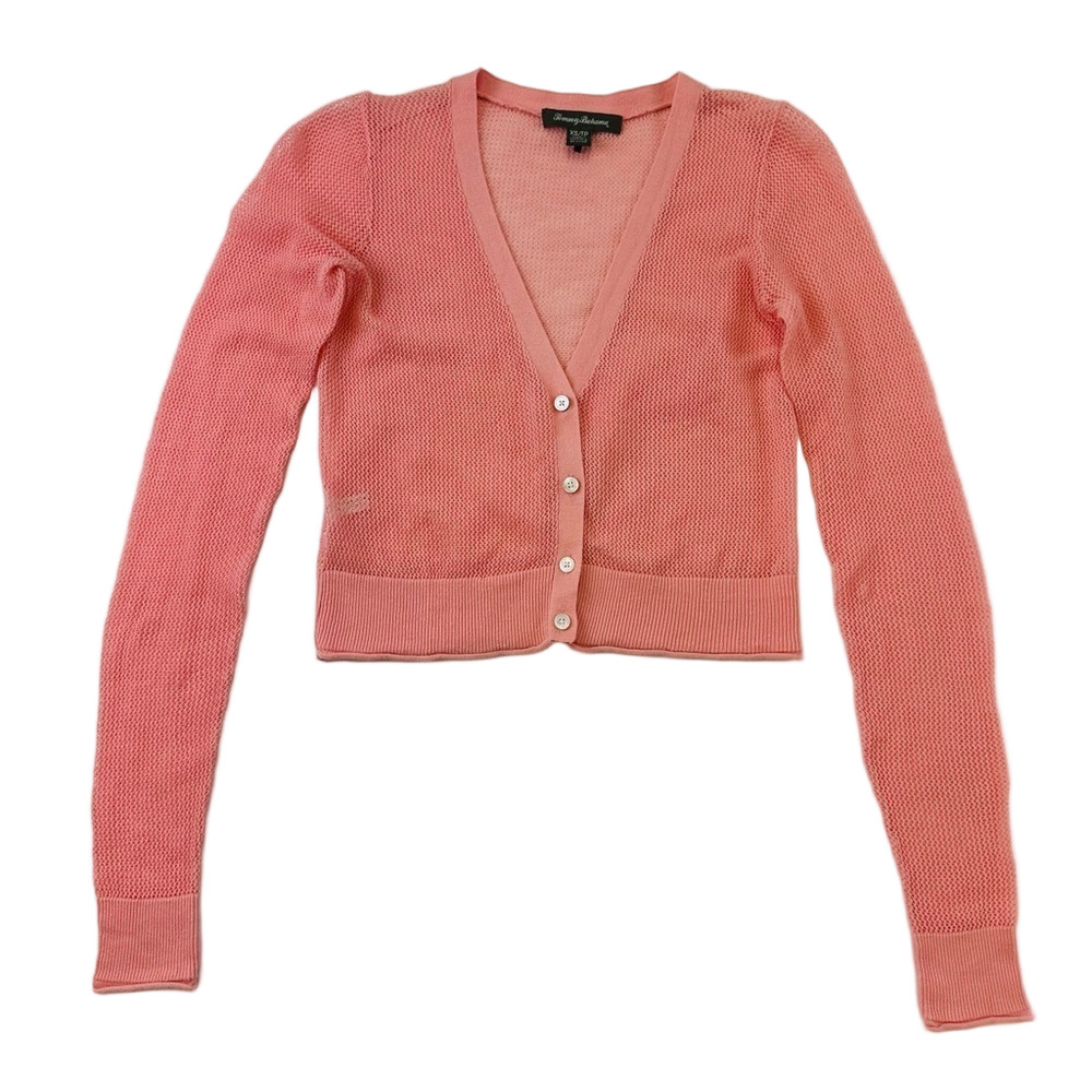 Tommy Bahama peach crop vneck summer knit fitted cardigan XS mesh